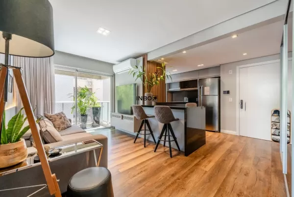 Foto de Apartamento com 62 m² de área privativa, totalmente mobiliado, 1 dormitório, 1 suíte, vaga dupla de garagem